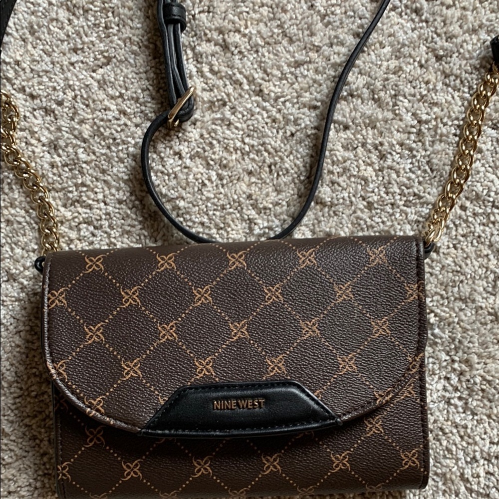 Nine West Brown and Gold Crossbody Bag with Geometric Pattern